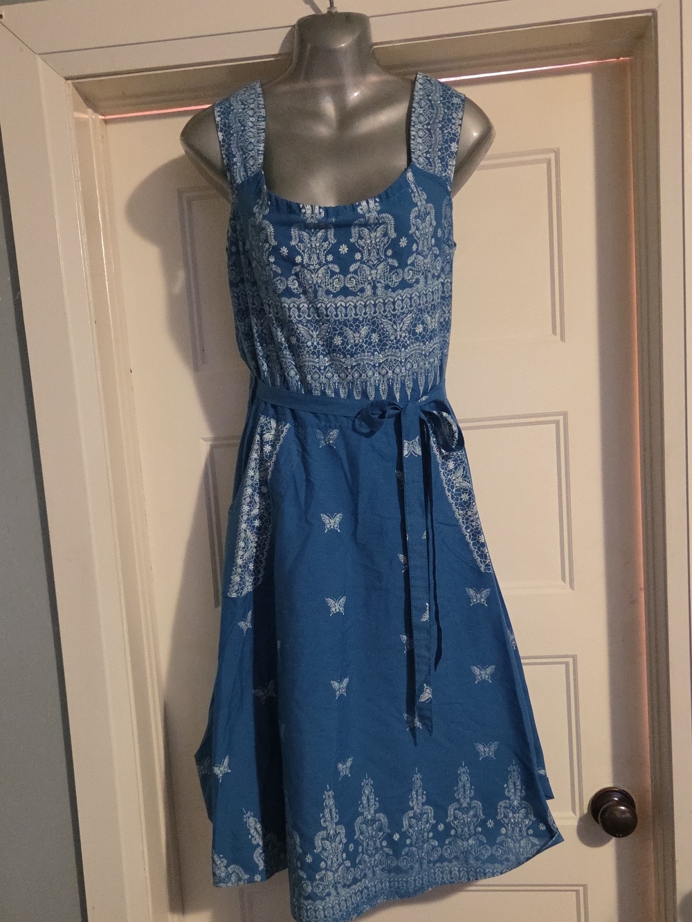 Blue Printed Midi Dress with Tie Waist
